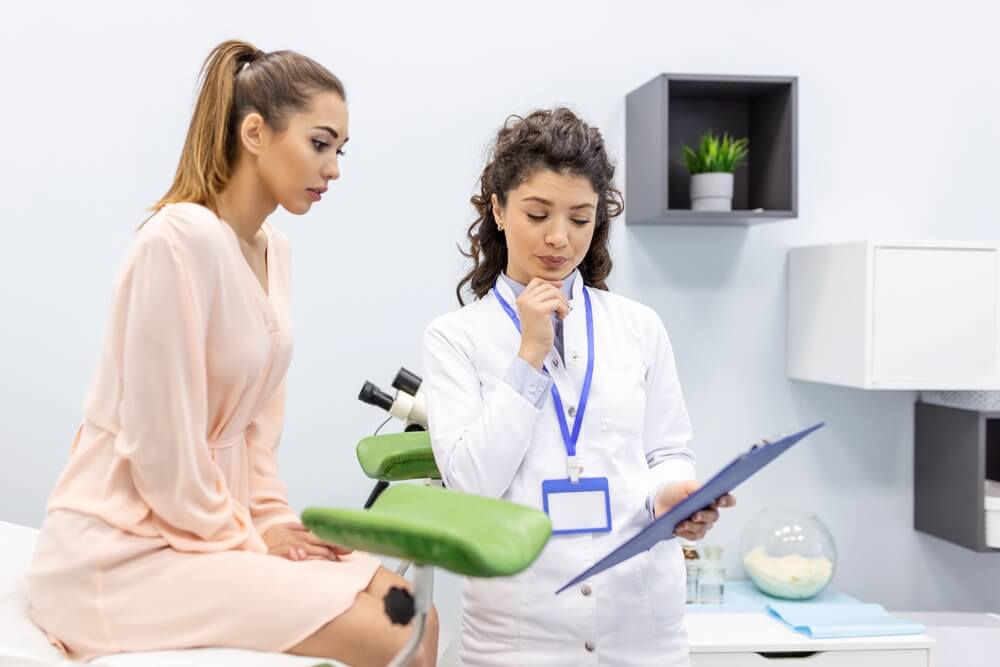 Female Gynecologist Unrecognizable Woman Patient in Gynecological Chair During Gynecological Check Up.